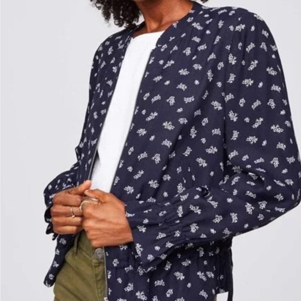 LOFT Navy Blue Floral Print Zip-Up Bomber Jacket - Size S‎